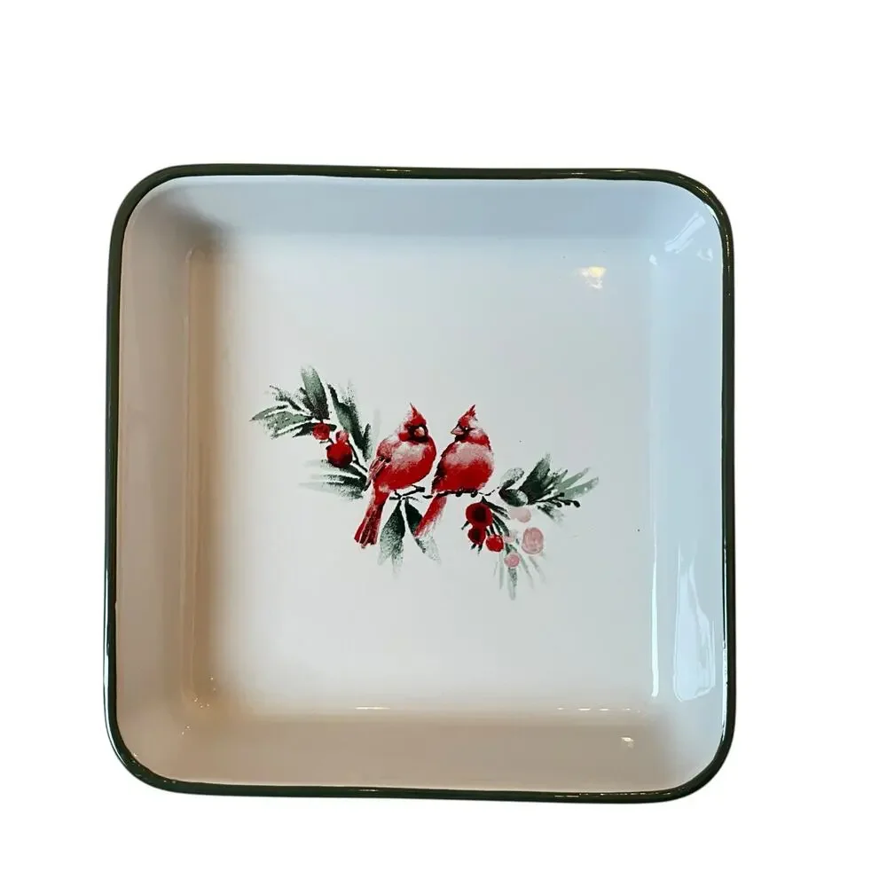 Laura Ashley Tartan Cardinals Ceramic Baker 9in Square Christmas Plaid NEW